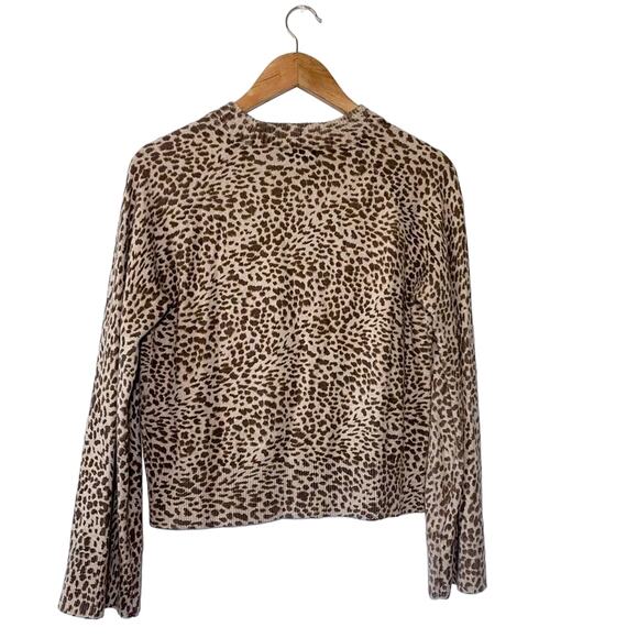 Monrow Mock Neck Cotton Cashmere Leopard Leo Print Belled Long Sleeve Sweater XS - Picture 3 of 9